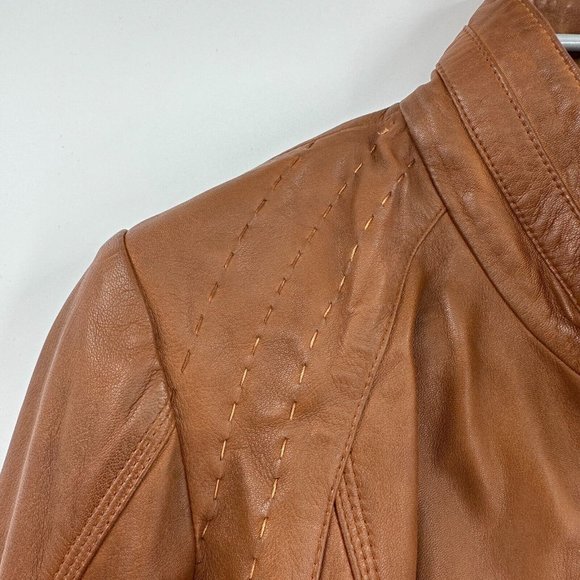 Quince Women's Cognac-Brown Leather Stand-Collar Jacket sz L Large Full Zip NWT* - Picture 5 of 11
